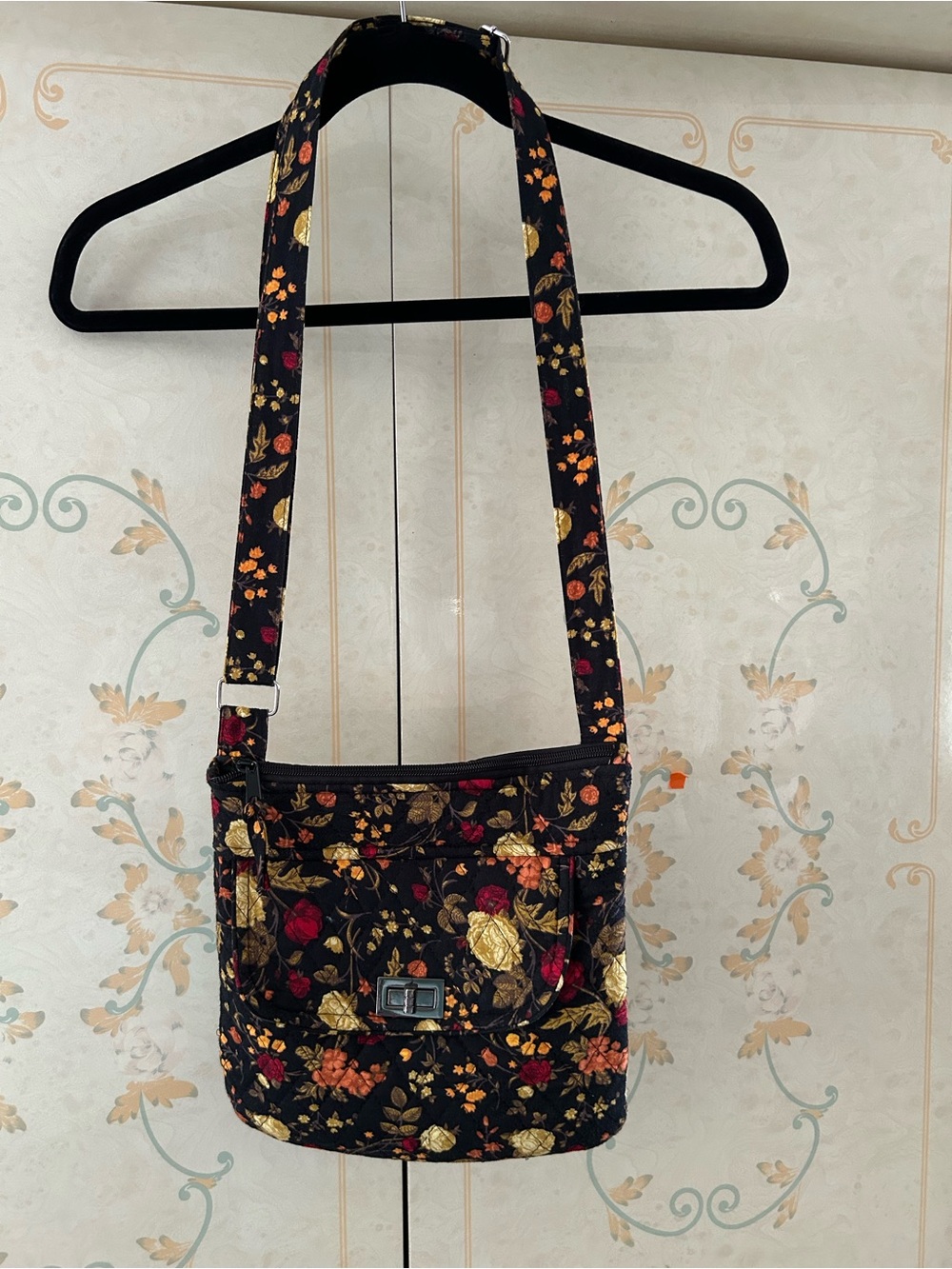 Quilted Floral Crossbody Bag in Black with Multicolor Roses